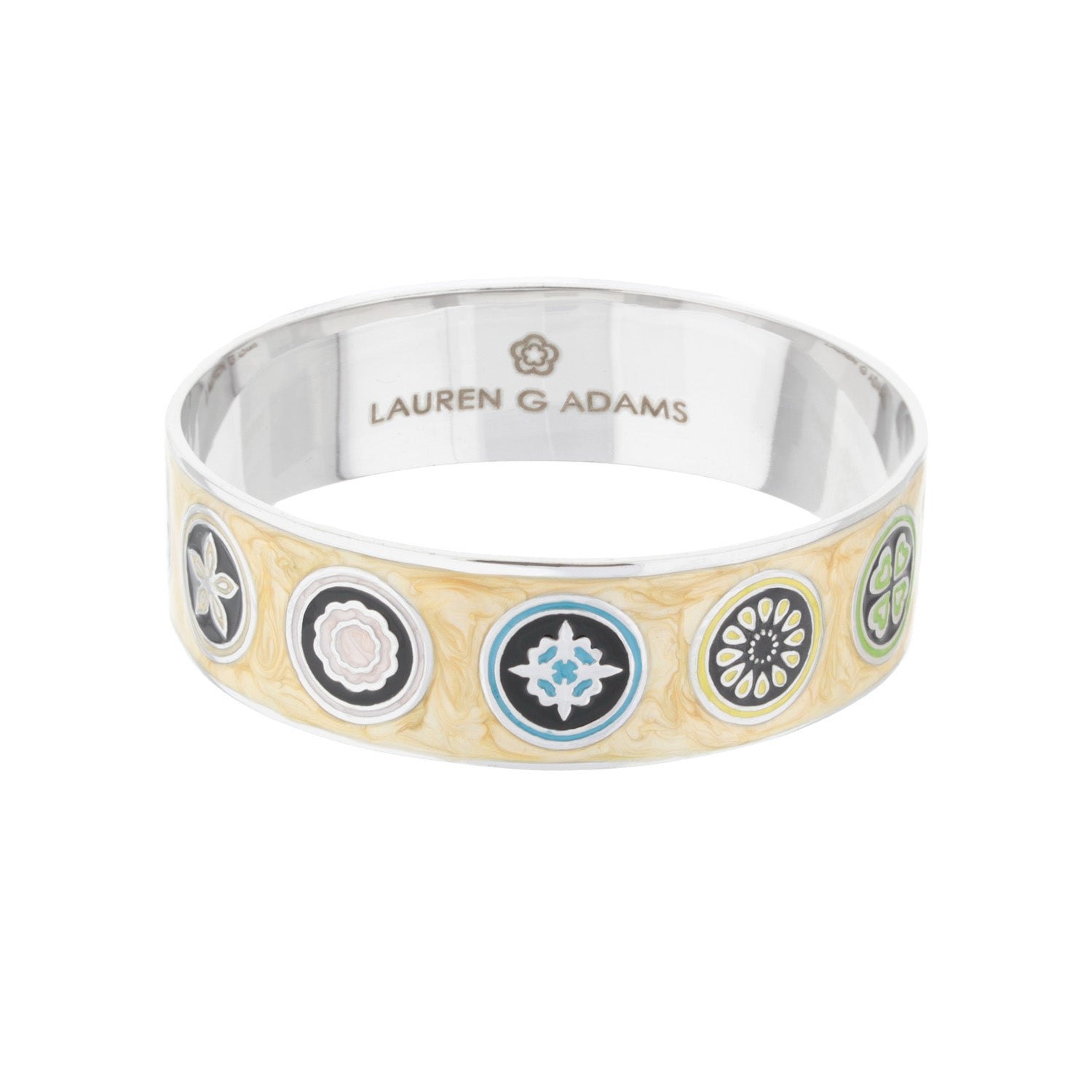 Modern Art Slip-On Bangle by Lauren G Adams with circular enamel medallions on gold tone on Tampa Home & Garden Store