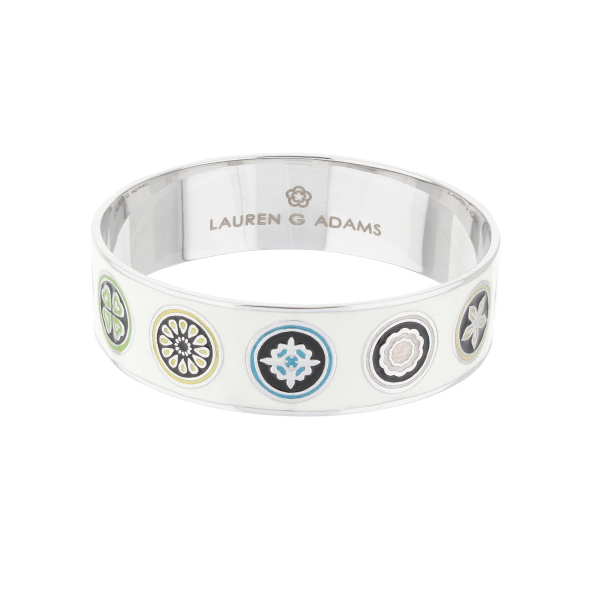 Modern Art Slip-On Bangle by Lauren G Adams in silver with enamel circular motifs on Tampa Home & Garden Store