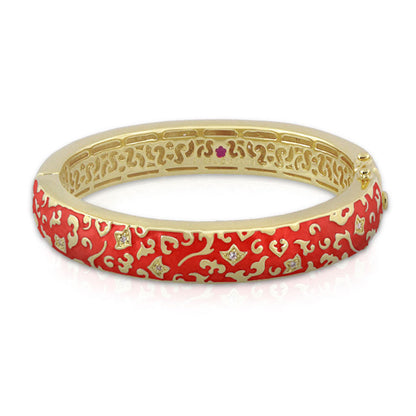 Fleur de Love bangle Lauren G Adams, gold hinged bracelet with red enamel and filigree accents on Tampa Home & Garden Store