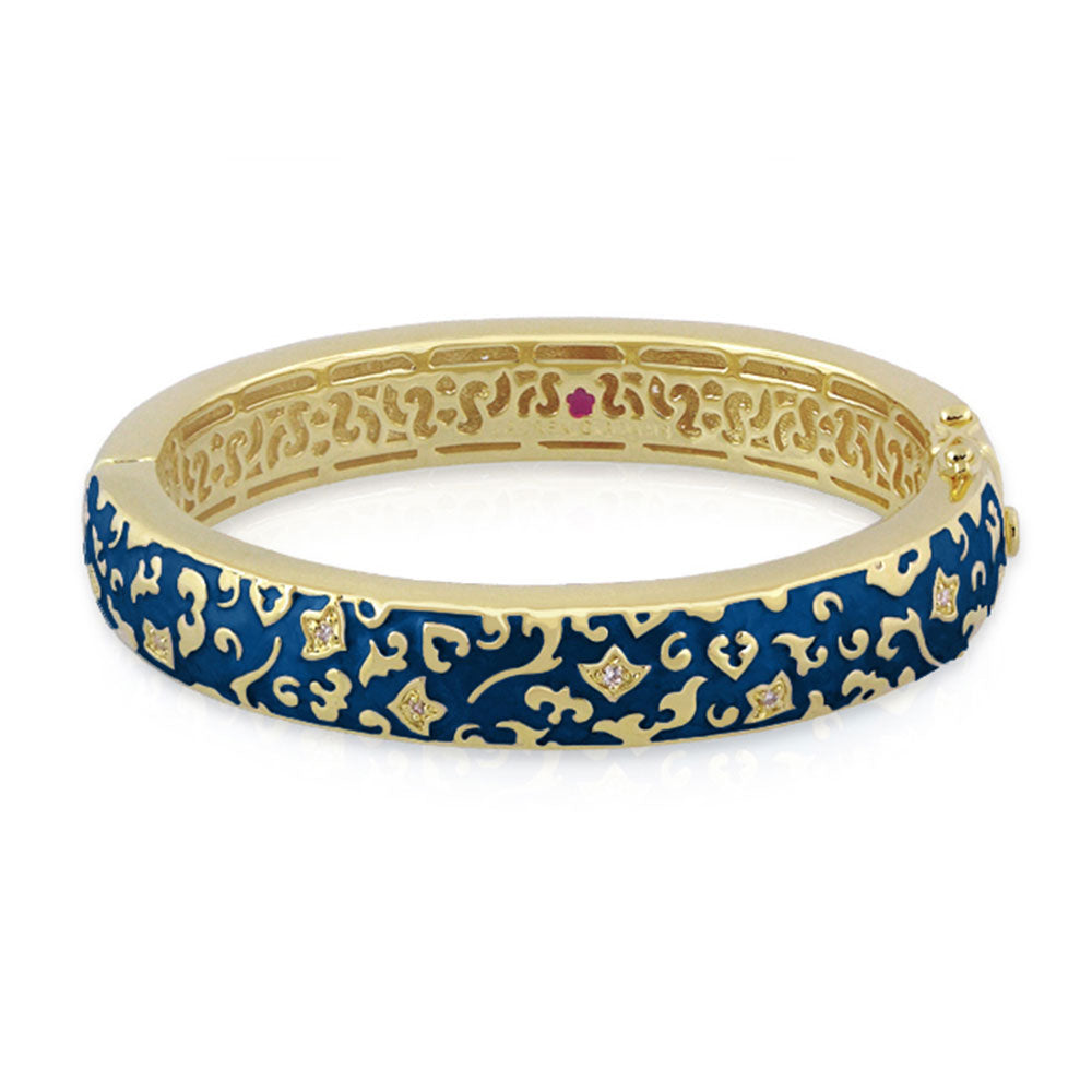 Fleur de Love bangle by Lauren G Adams, blue gold-tone hinge bracelet filigree crystals on Tampa Home & Garden Store