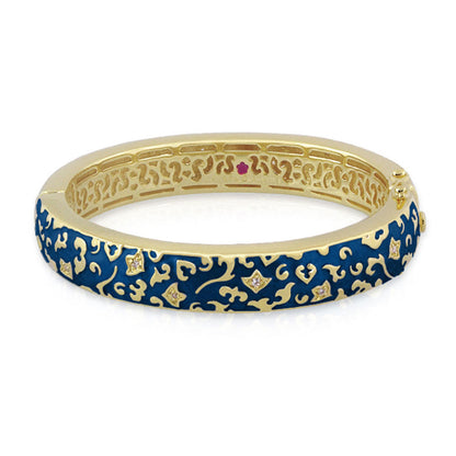Fleur de Love bangle by Lauren G Adams, blue gold-tone hinge bracelet filigree crystals on Tampa Home & Garden Store