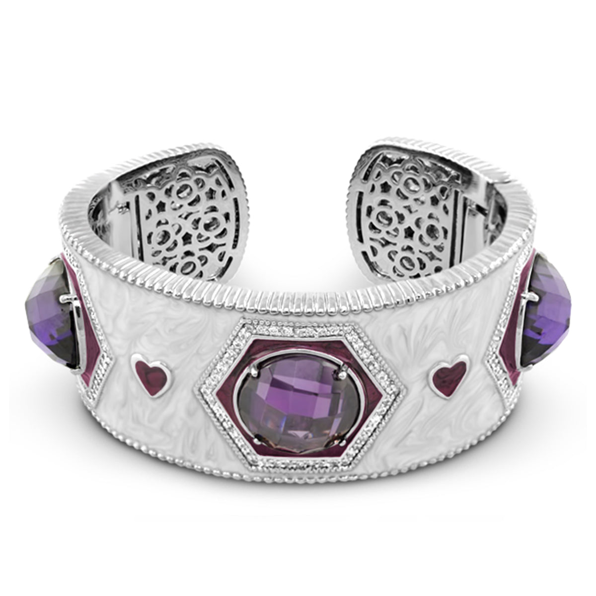 Royal Knight Cuff Bangle bracelet in silver with purple faceted stones and heart accents on Tampa Home & Garden Store