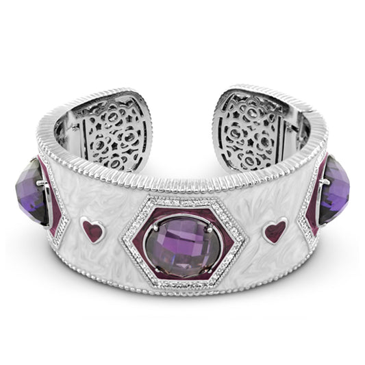 Royal Knight Cuff Bangle bracelet in silver with purple faceted stones and heart accents on Tampa Home & Garden Store