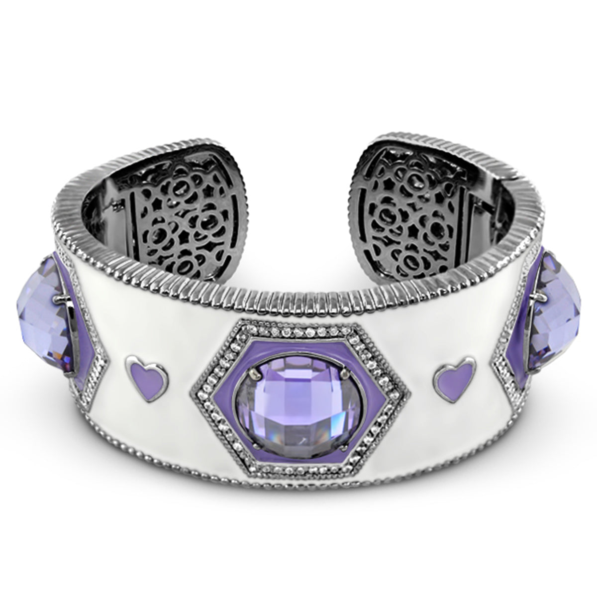 Royal Knight Cuff Bangle white enamel band with purple gemstone centerpiece and hearts on Tampa Home & Garden Store