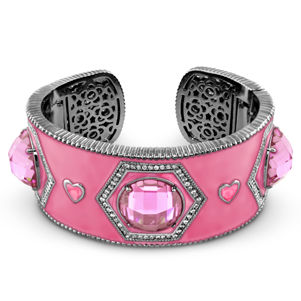 Royal Knight Cuff pink enamel bracelet with pink centerpiece and heart accents by Lauren G Adams on Tampa Home & Garden Store