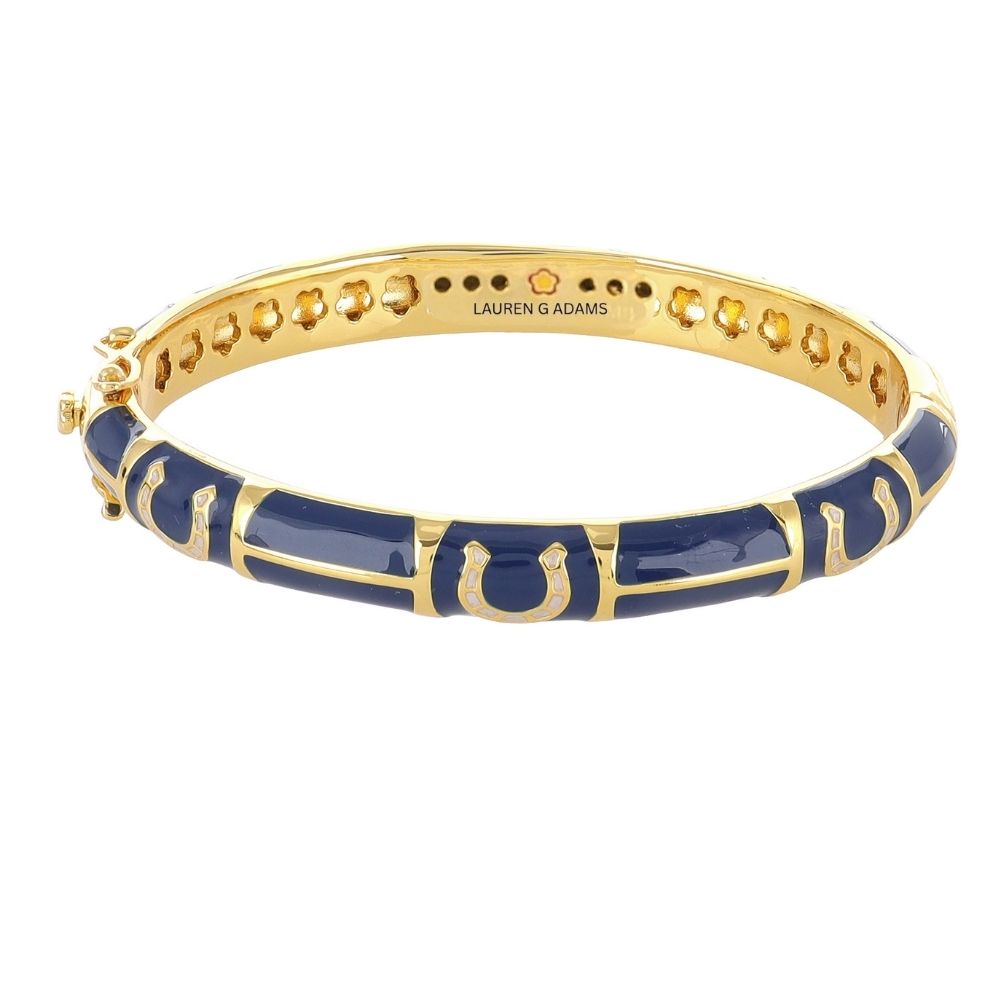 Equestrian Bangle Port Horseshoe by Lauren G Adams goldtone with blue enamel links, hinged lock on Tampa Home & Garden Store