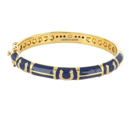Equestrian Bangle Port Horseshoe by Lauren G Adams goldtone with blue enamel links, hinged lock on Tampa Home & Garden Store