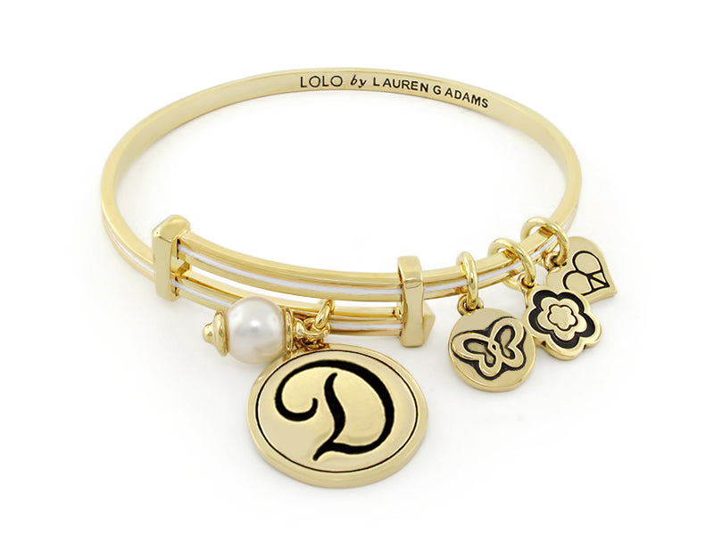 Solid Brass 18K Gold Initial D Bangle and Pearl