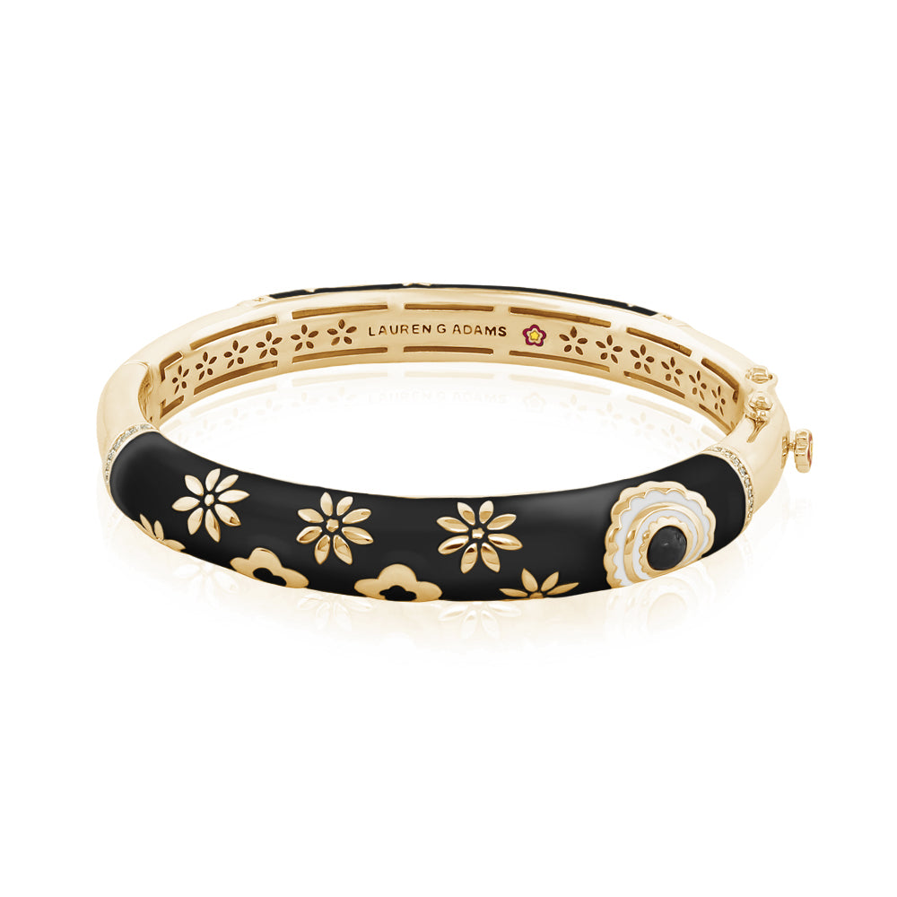 Eau Turtle Bangle by Lauren G Adams, black enamel bracelet with gold floral motifs and hinge on Tampa Home & Garden Store