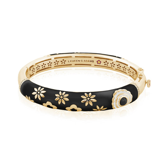 Eau Turtle Bangle by Lauren G Adams, black enamel bracelet with gold floral motifs and hinge on Tampa Home & Garden Store