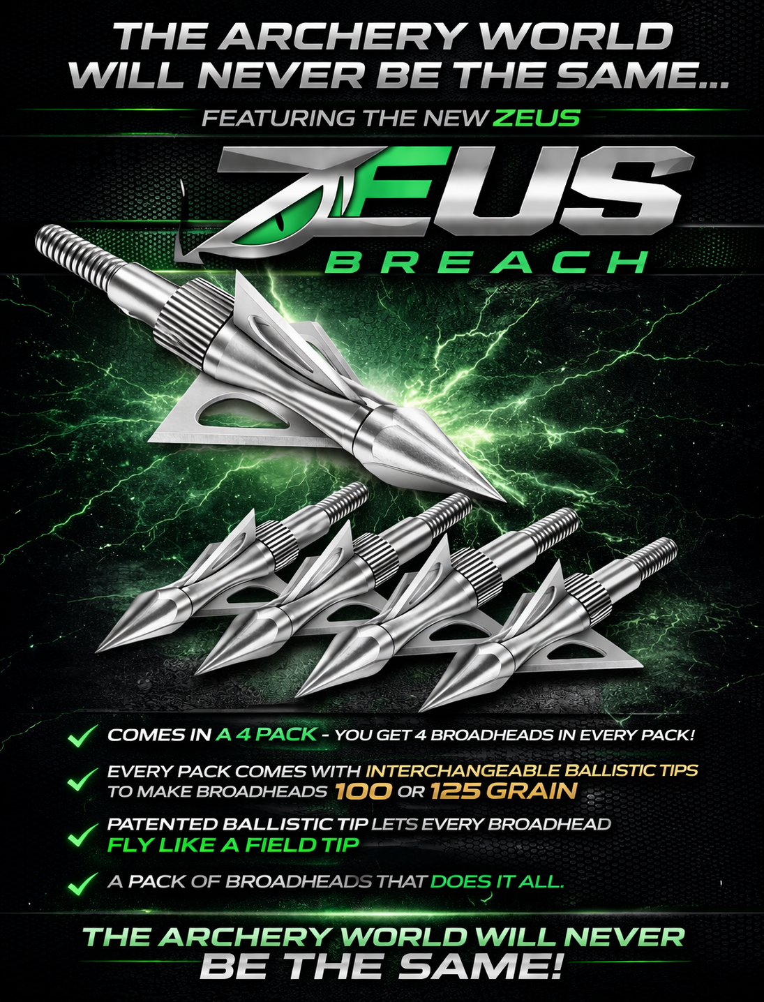 ZEUS Breach Broadheads 4-pack with interchangeable tips 100/125 grain Killz Products on Tampa Home & Garden Store