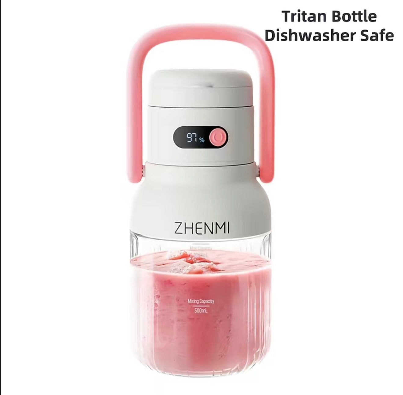 BlendGo Portable Blender white body with pink carry handle, 500ml jar, ZHENMI branding on Tampa Home & Garden Store