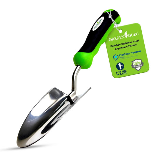 Stainless steel garden trowel with ergonomic green handle, Garden Guru brand on Tampa Home & Garden Store
