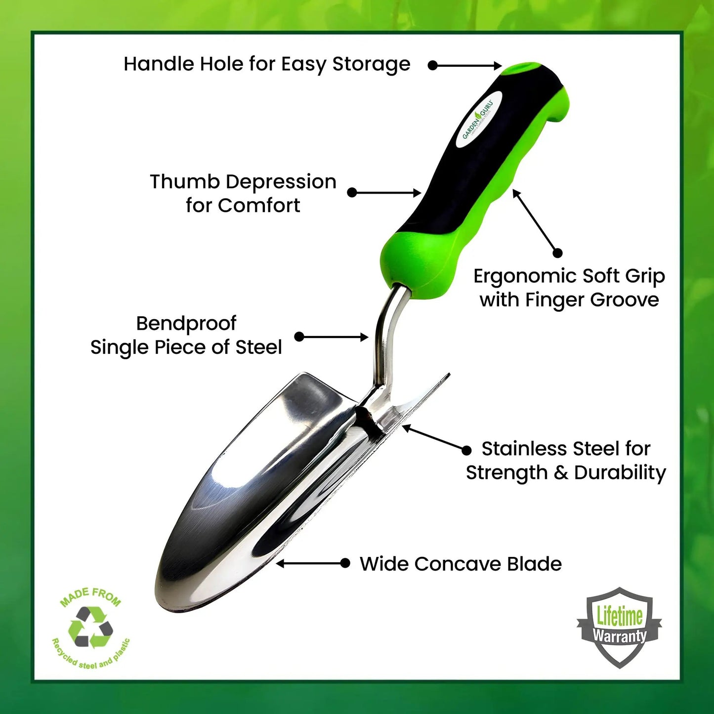 Stainless steel garden trowel with ergonomic green and black grip by Garden Guru on Tampa Home & Garden Store