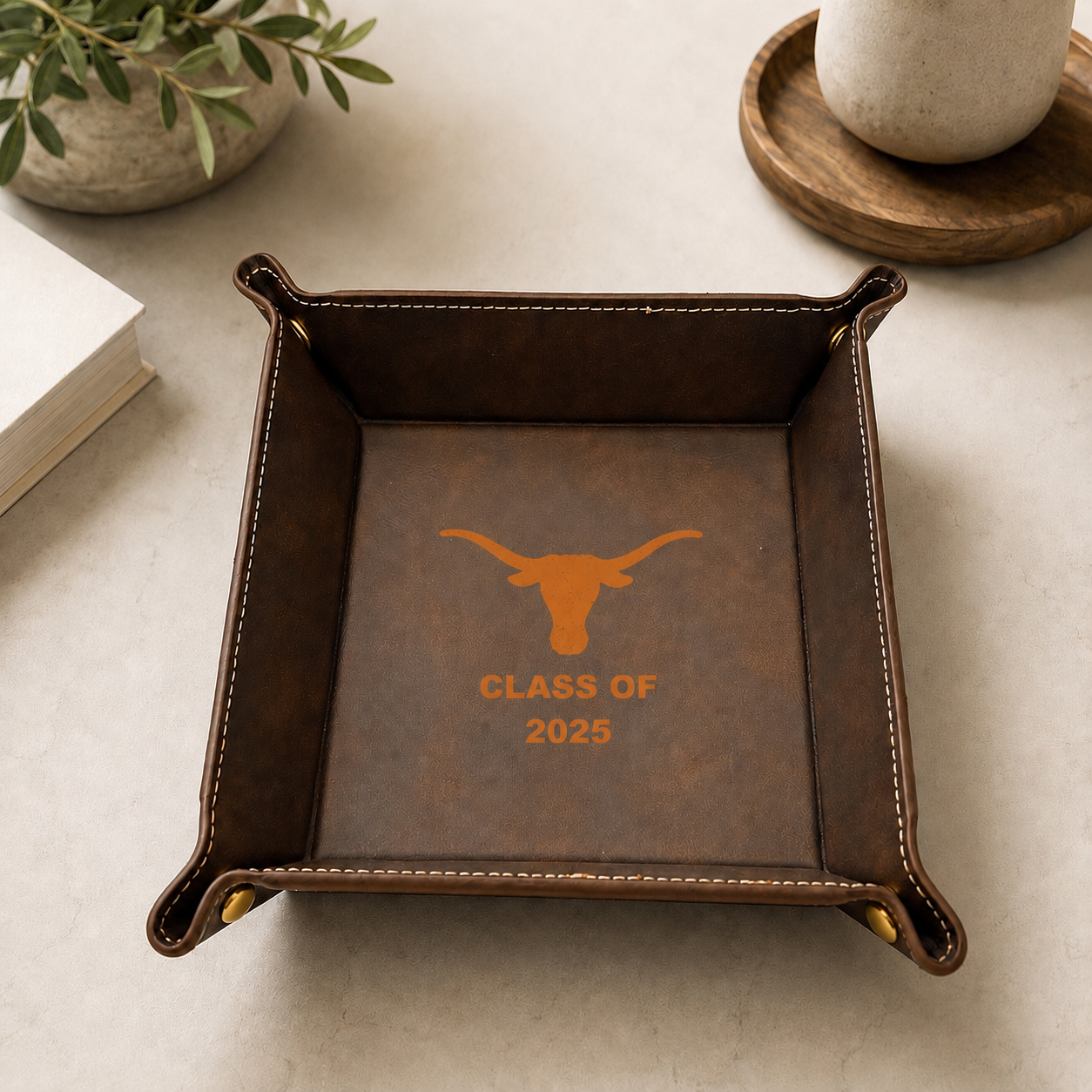 Texas Longhorn burnt orange leather catchall tray with CLASS OF 2025 by Ryan's Woodworking on Tampa Home & Garden Store