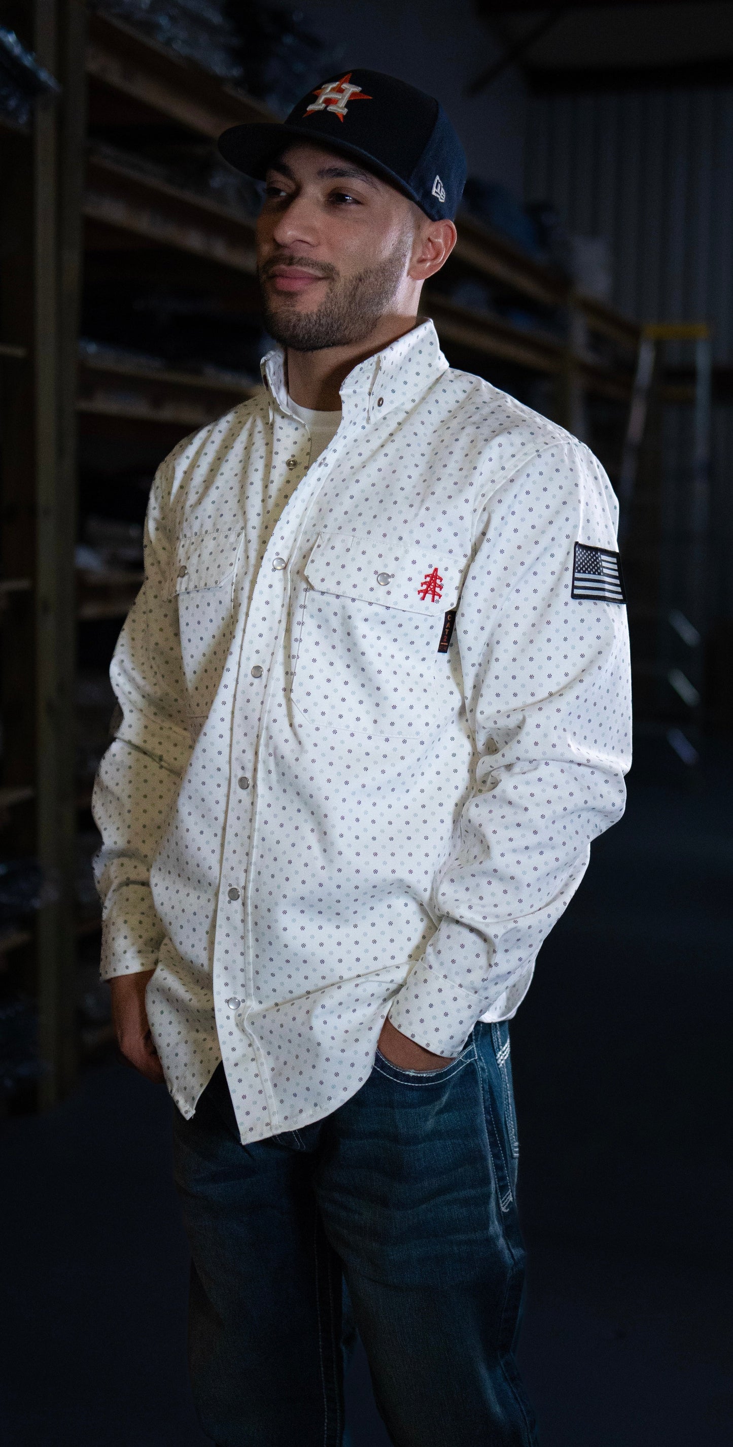 Static FR Pearl Snap Work Shirt phantom white with dot pattern and U.S. flag patch on sleeve on Tampa Home & Garden Store