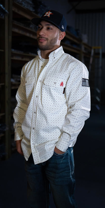Static FR Pearl Snap Work Shirt phantom white with dot pattern and U.S. flag patch on sleeve on Tampa Home & Garden Store