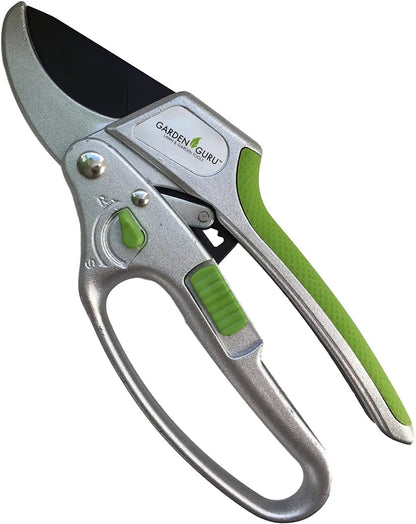 2 in 1 ratchet pruning shears Garden Guru with silver body and green handle on Tampa Home & Garden Store