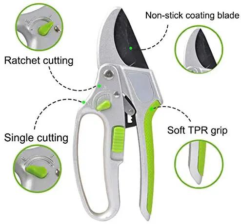Garden Guru 2 in 1 Ratchet Pruning Shears, silver body with lime green accents, ergonomic grip on Tampa Home & Garden Store