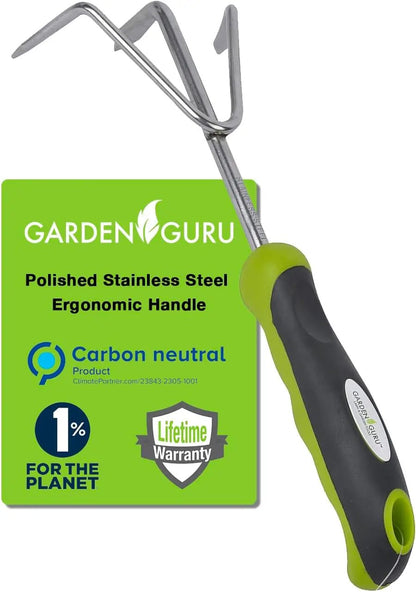 Stainless steel garden hand cultivator by Garden Guru with ergonomic green-black handle on Tampa Home & Garden Store