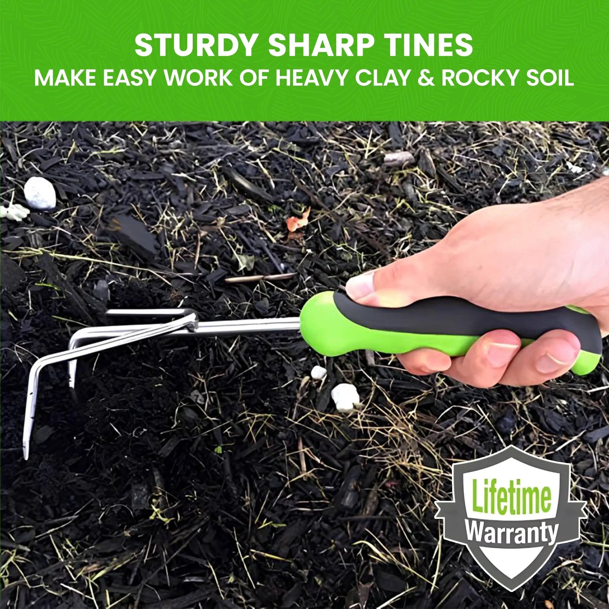 Garden Guru stainless steel hand cultivator tool with green-black handle and metal tines on Tampa Home & Garden Store