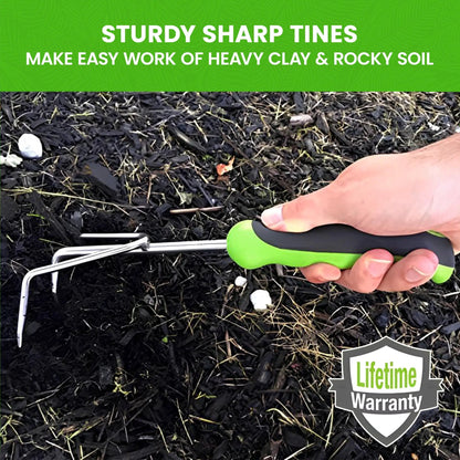 Garden Guru stainless steel hand cultivator tool with green-black handle and metal tines on Tampa Home & Garden Store