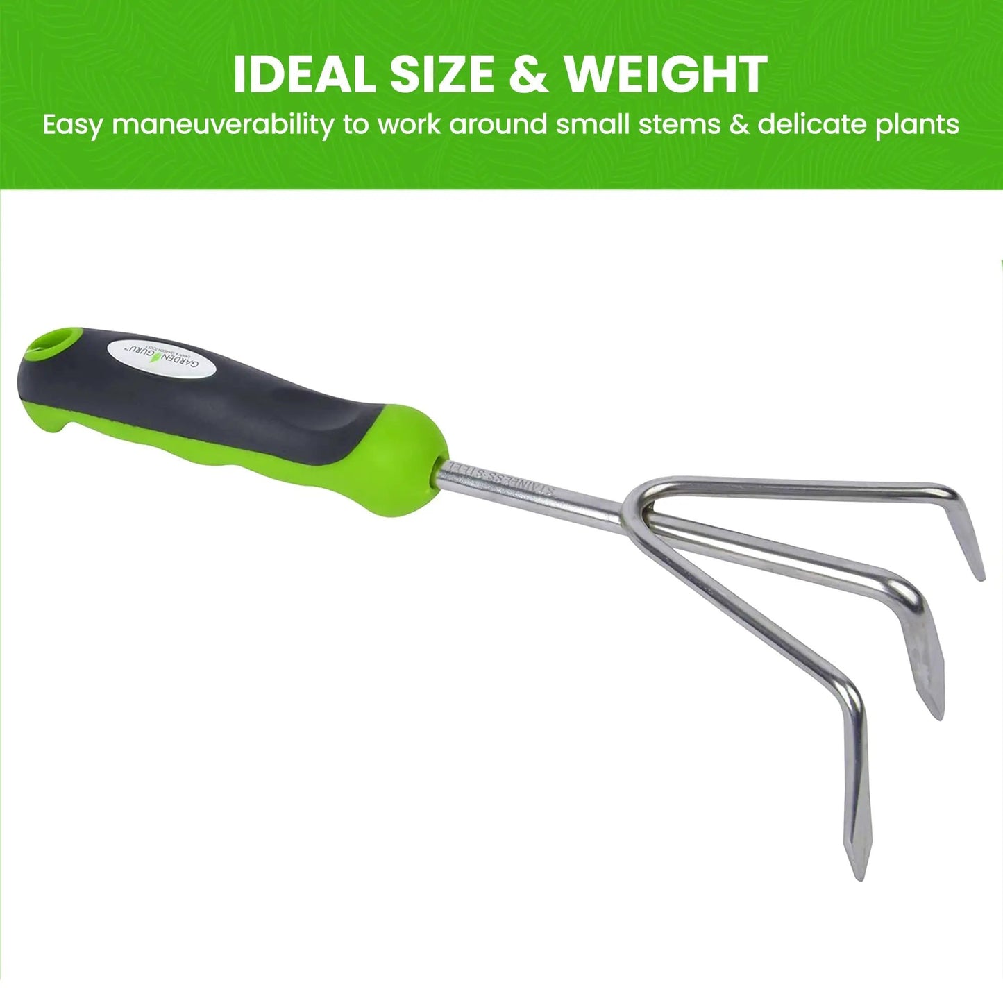 Stainless steel hand cultivator by Garden Guru with green/black ergonomic handle and tines on Tampa Home & Garden Store