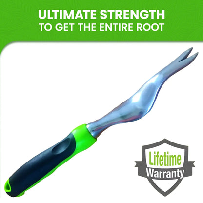 Big Grip Garden Hand Weeder Tool with Handle, blue shaft and neon green grip on Tampa Home & Garden Store