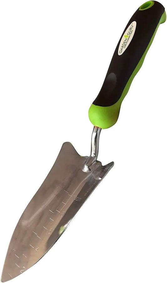 Titanium transplanter trowel by Garden Guru with green black handle and marked blade on Tampa Home & Garden Store