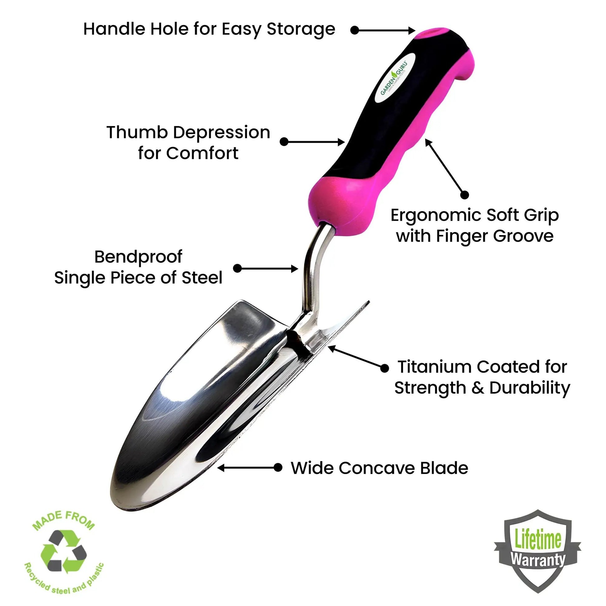 Garden Guru stainless steel garden trowel with pink ergonomic handle and wide concave blade on Tampa Home & Garden Store