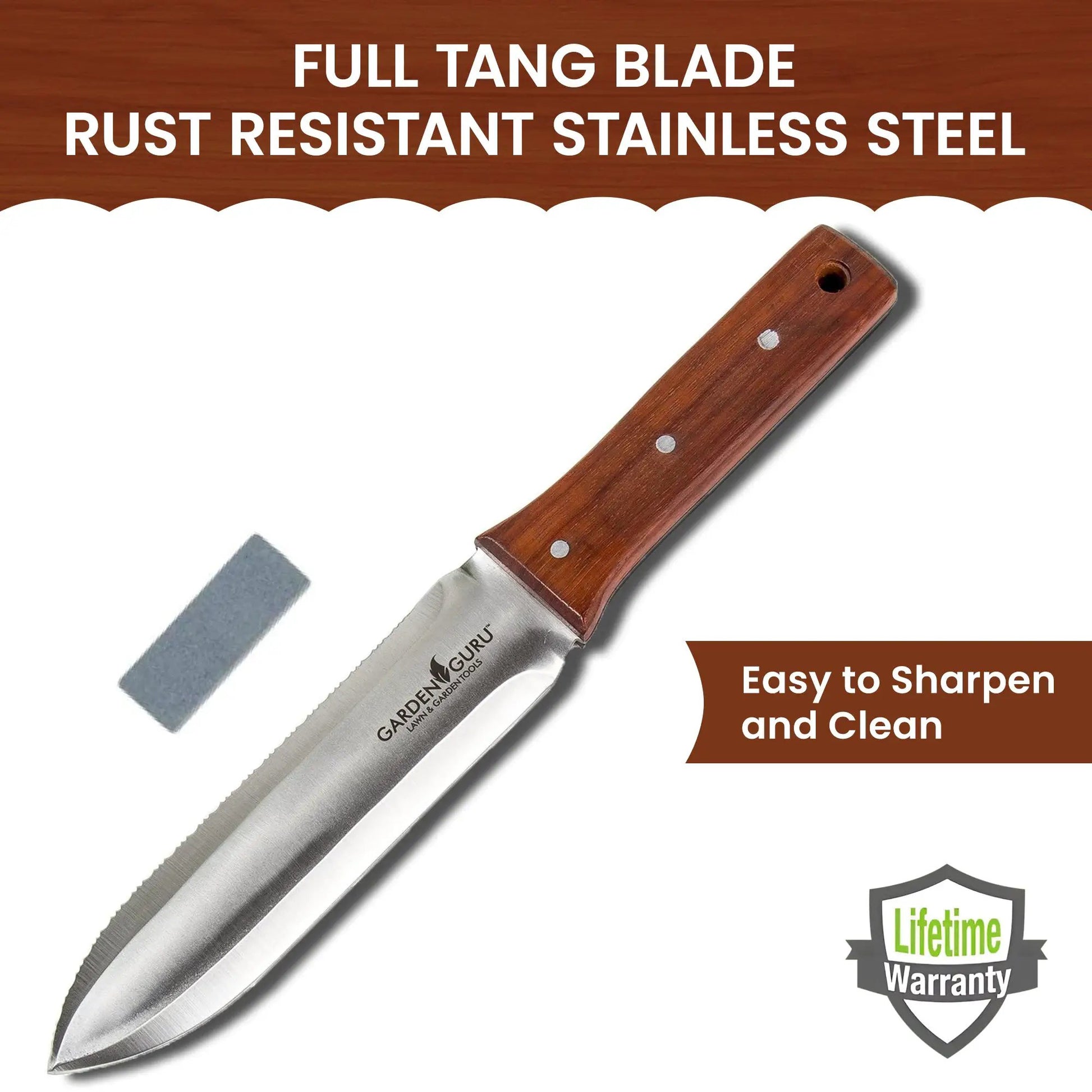 Hori Hori Garden Knife Deluxe Set by Garden Guru; wood handle, stainless blade, sharpening stone on Tampa Home & Garden Store