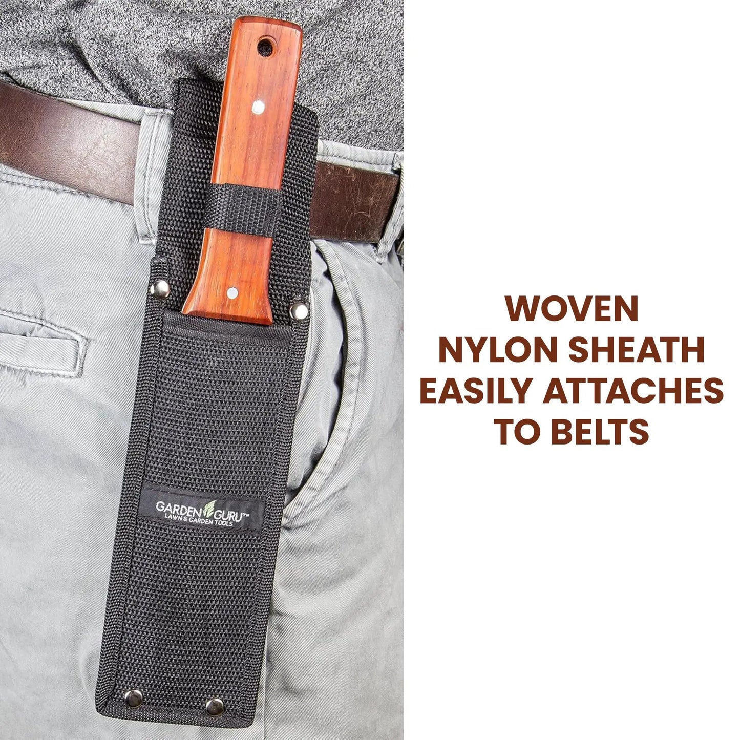 Hori Hori garden knife with wooden handle in a black nylon sheath on a belt Garden Guru on Tampa Home & Garden Store