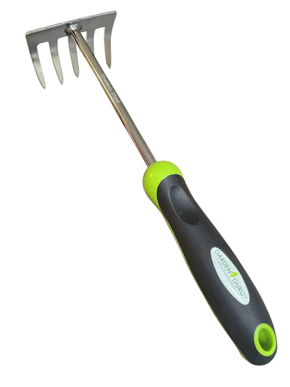Stainless steel 5-tine rake cultivator tool by Garden Guru with black and lime handle on Tampa Home & Garden Store