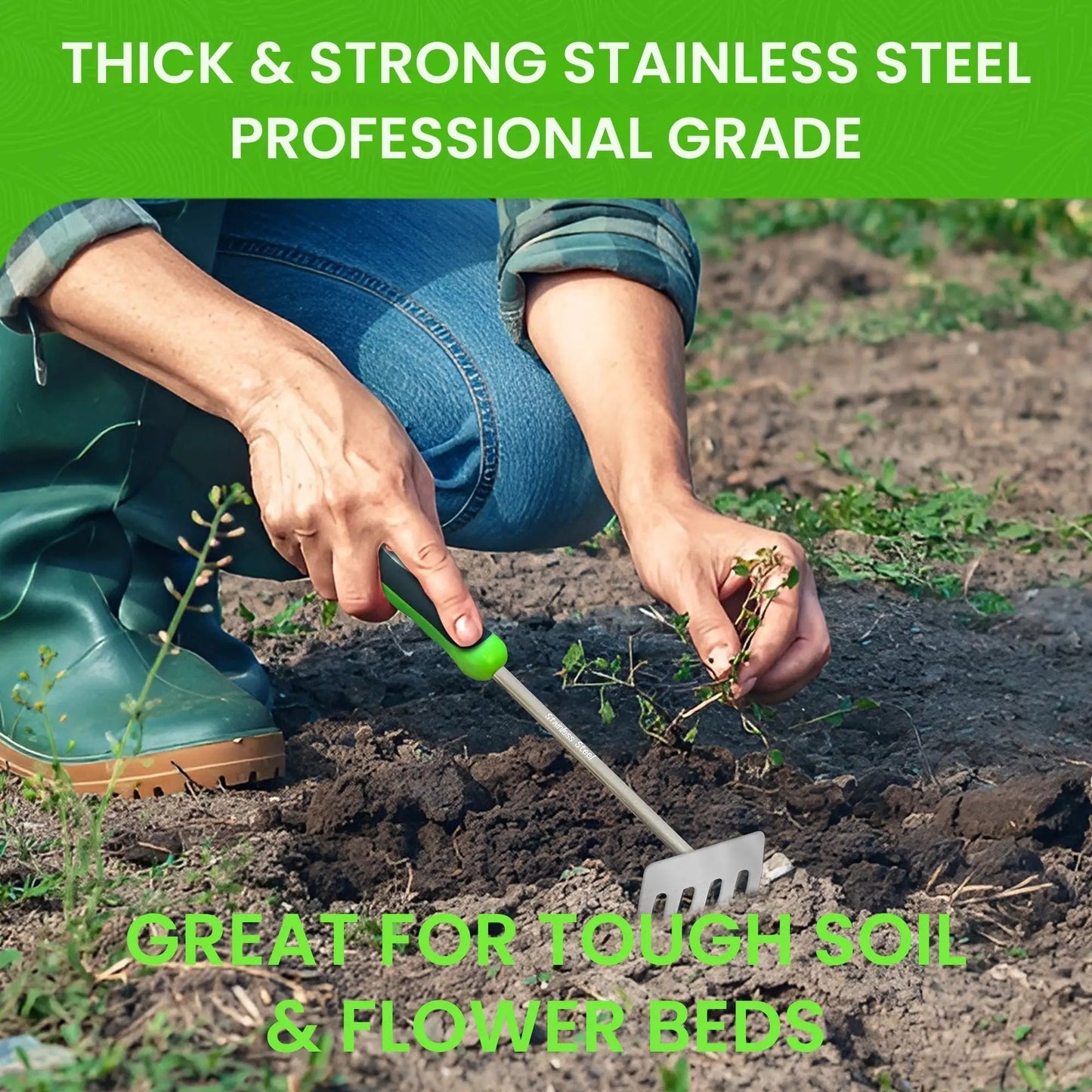 Stainless steel 5-tine rake cultivator tool by Garden Guru in use on soil on Tampa Home & Garden Store