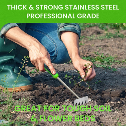 Stainless steel 5-tine rake cultivator tool by Garden Guru in use on soil on Tampa Home & Garden Store