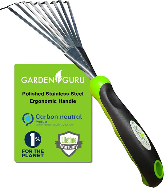 Garden Guru polished stainless steel hand rake with ergonomic lime-green and black handle on Tampa Home & Garden Store