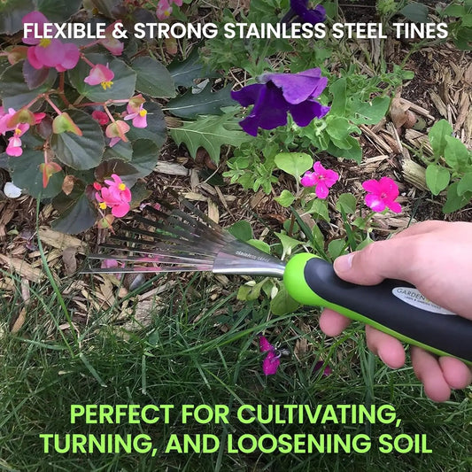 Stainless Steel Garden Hand Rake Tool from Garden Guru with lime-green handle on Tampa Home & Garden Store
