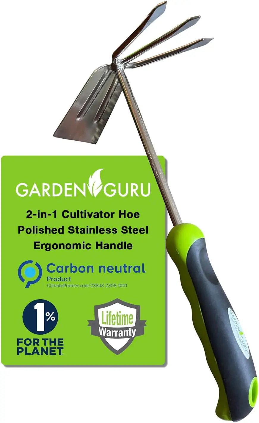 Garden Guru two-in-one garden cultivator hoe with stainless steel tines and ergonomic handle on Tampa Home & Garden Store