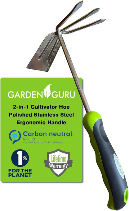 Garden Guru two-in-one garden cultivator hoe with stainless steel tines and ergonomic handle on Tampa Home & Garden Store