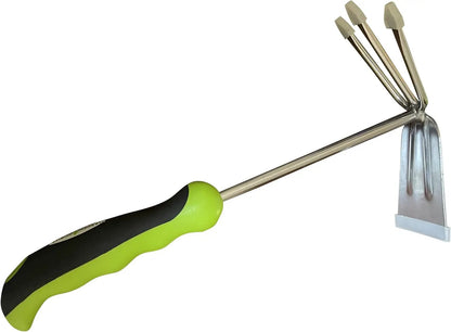 Two-in-one garden cultivator rake hoe tool with lime-green/black grip and three-tine head on Tampa Home & Garden Store