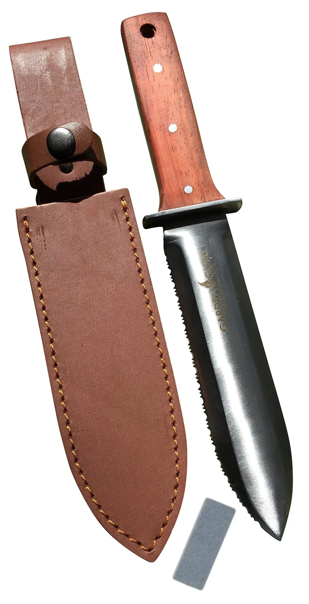 Hori Hori garden knife set by Garden Guru with wooden handle and leather sheath on Tampa Home & Garden Store