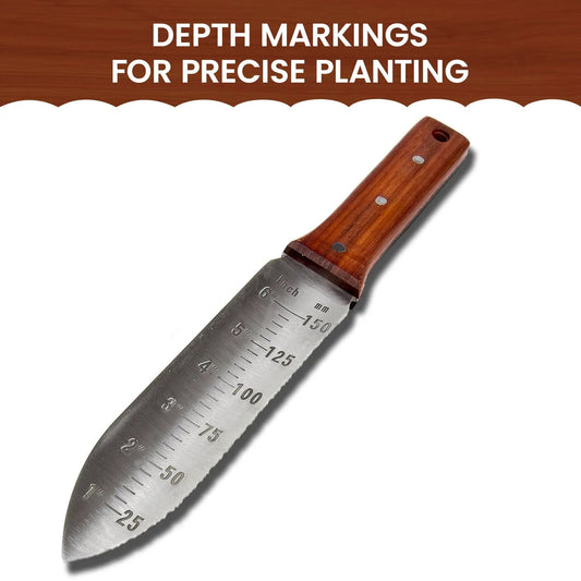 Hori Hori garden knife by Garden Guru with wooden handle and ruler-marked steel blade on Tampa Home & Garden Store