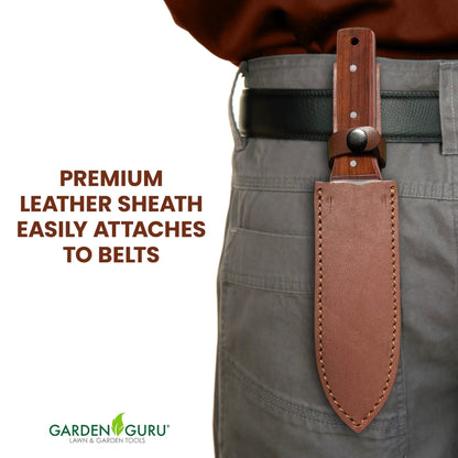 Hori Hori Garden Knife Supreme Set for Weeding with wooden handle in leather sheath Garden Guru on Tampa Home & Garden Store