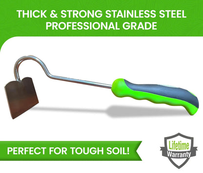 Garden Guru stainless steel garden hand hoe rust-resistant with neon green grip on Tampa Home & Garden Store
