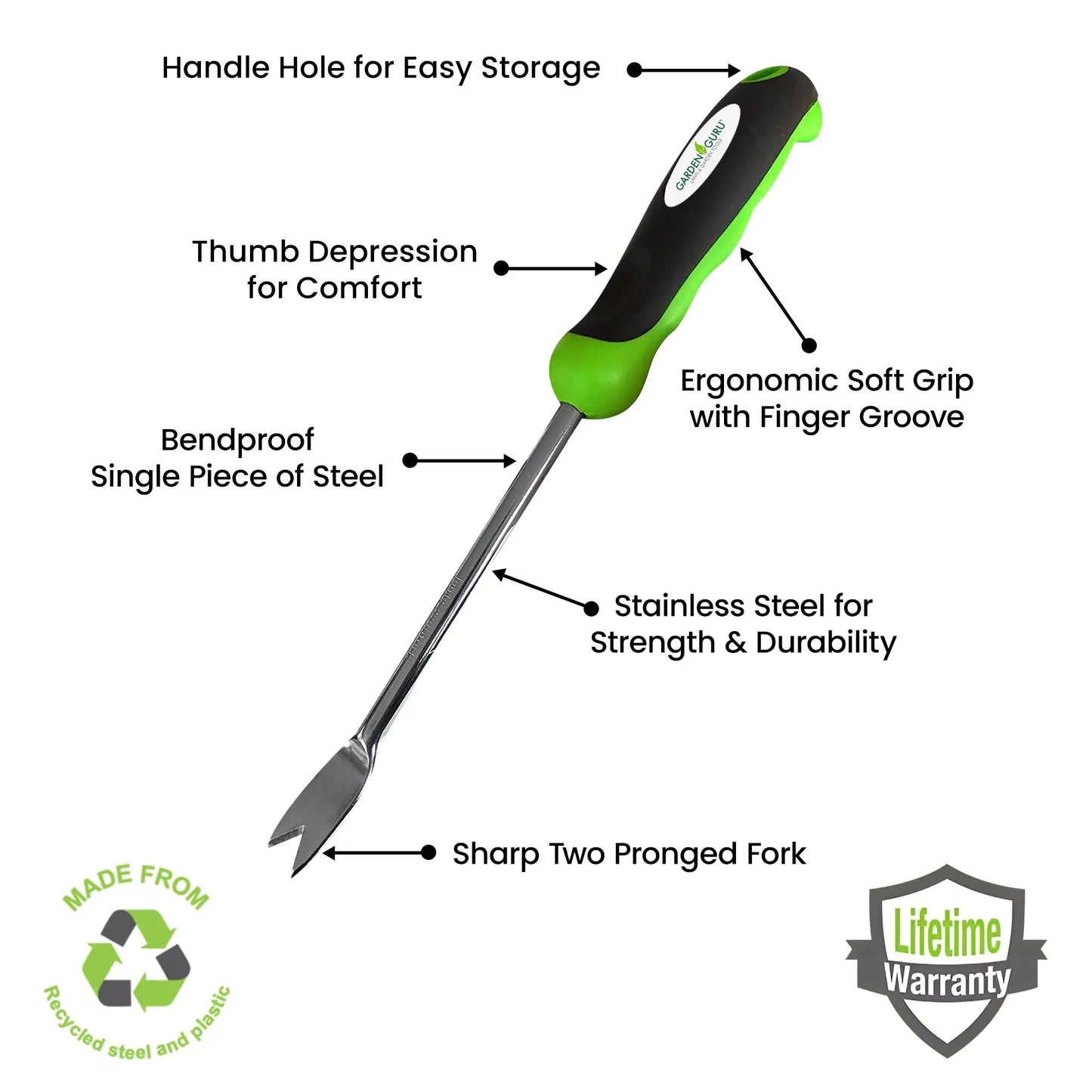 Garden Guru Weeding Fork with ergonomic green/black handle and stainless steel two-pronged tines on Tampa Home & Garden Store