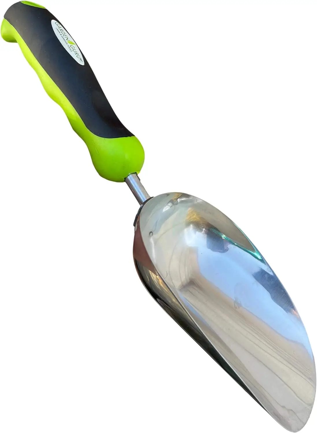 Stainless steel garden scoop trowel with green and black ergonomic handle Garden Guru branding on Tampa Home & Garden Store