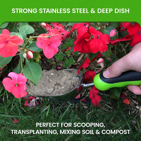 Stainless Steel Garden Scoop Trowel with green and black handle beside soil and red flowers on Tampa Home & Garden Store