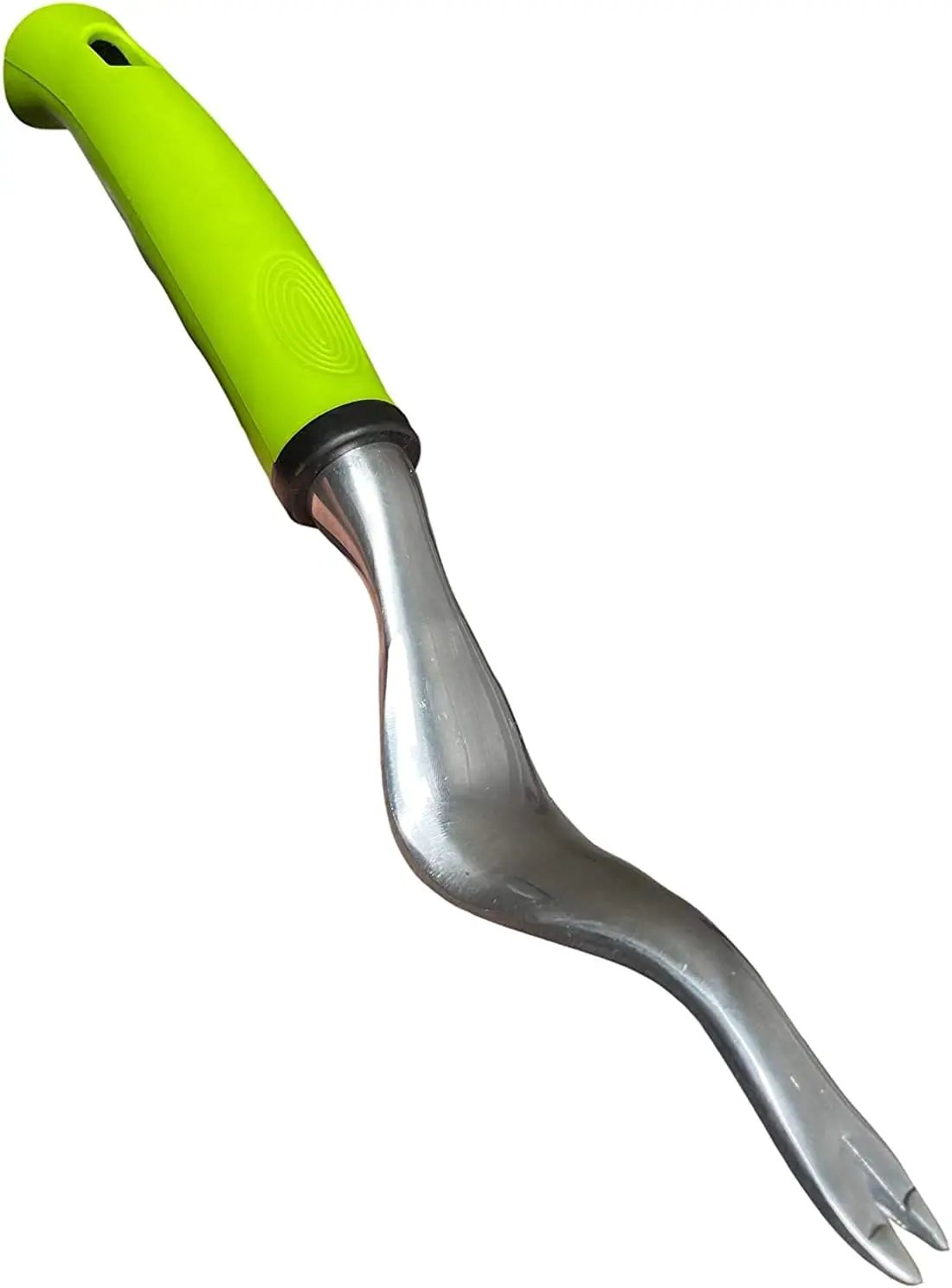 Garden Guru hand weeder tool with ergonomic lime green handle and curved stainless blade on Tampa Home & Garden Store
