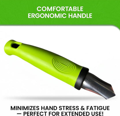 Garden Guru hand weeder tool with ergonomic lime-green handle and metal blade tip on Tampa Home & Garden Store