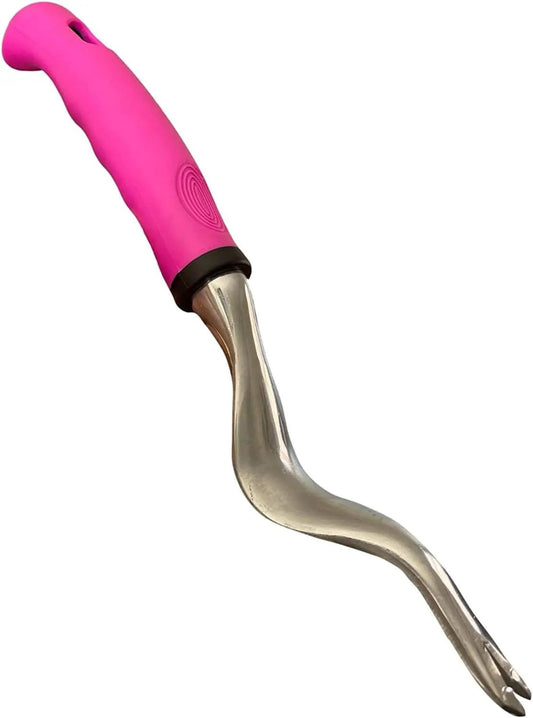 Garden Guru hand weeder tool with ergonomic pink handle and curved stainless steel blade on Tampa Home & Garden Store